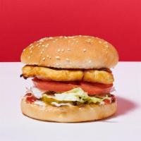 Grilled Chicken Breast · Lettuce, Tomatoes, Mayo, Pickles, Mustard, Ketchup, Relish and Diced Onions