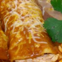 Enchilada · one corn tortilla fill with cheese, choice of meat , topped with red sauce and cheese.