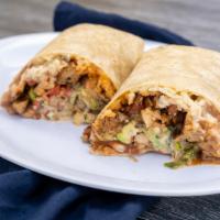 Super Burrito · Choice of meat. ( asada, chicken,  pastor, carnitas) rice, beans, cheese, avocado, sour crea...