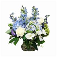 Blue Suede Shoes · Includes blue hydrangea and white roses