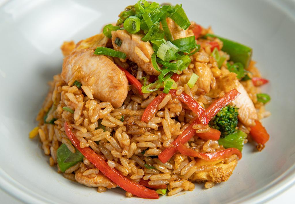 Fried Rice Bowl · Jasmine fried rice sautéed with your selection of chicken, shrimp or veggies. All the options come with broccoli, bell peppers, asparagus & our signature soy sauce mix.