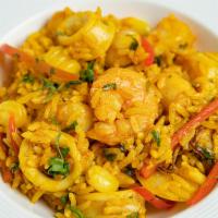 Seafood Rice Bowl · Sauteed shrimp, scallops & calamari with red bell peppers, corn, andlima beans on chili-jasm...