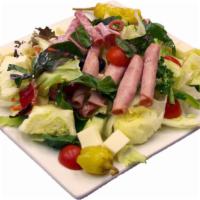 Chef Salad · Lettuce, ham, salami, cucumber, tomatoes, cheese, olives, pepperoncini, and carrots.