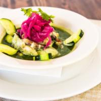 AguaChile · Mild or spicy. Shrimp marinated with jalapeno, cucumbers, cilantro, lime juice and pickled o...