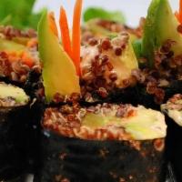 Quinoa Sushi · Quinoa with avocado, portobello mushroom, pickle & carrot in a creamy sauce; wrapped in sush...