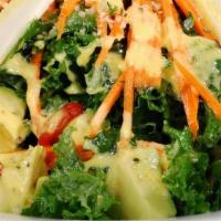 Celestial Kale · Kale, avocado, carrot, hemp hearts, goji berry and shaved vegan mozzarella in our house made...
