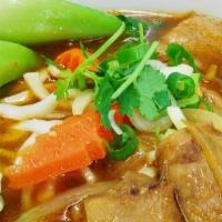 Formosa Noodle Soup · Wheat noodles, soy protein, mushroom, carrot, bok choy, onion, and pickled cabbage (contains...