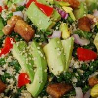 Quinoa Tempeh Bowl · Quinoa, smoked tempeh, kale, avocado, red bell pepper, toasted cashew and hemp seeds in a ze...
