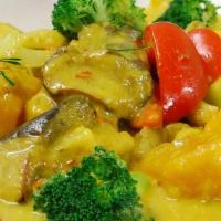 Golden Thai Vegetables · Pumpkin, broccoli, mushroom, eggplant, carrot, cauliflower, onion & red bell pepper in a spi...