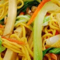 Chow Mein · Stir-fried wheat noodles with mixed vegetables, mushroom, tofu, and Chinese BBQ paste with p...
