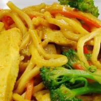 Malaysian Curry Chow Mien · Wheat noodles stir-fried in a curry sauce with broccoli, coconut milk, tofu, cabbage, carrot...