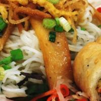 Spring Roll Noodles · Spring rolls served with rice noodles, cucumber, soy protein, lettuce, bean sprouts & fresh ...