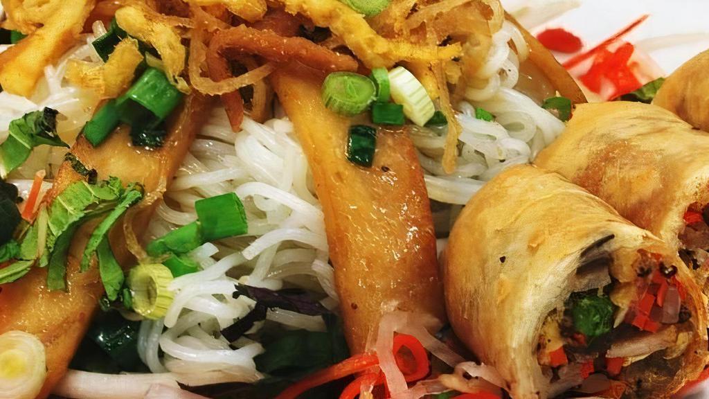 Spring Roll Noodles · Spring rolls served with rice noodles, cucumber, soy protein, lettuce, bean sprouts & fresh mint; Au Lac vinaigrette with pickled daikon, carrot, and crushed peanuts. (Contains Nuts; Gluten-free Option)