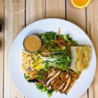 Nutty Rooster · Curry spiced chicken, organic baby kale, organic spring mix, mango, edamame, carrots, green ...
