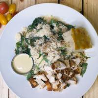 Kale Ceasar · Organic baby kale, herb roasted chicken breast, parmesan cheese, toasted garlic breadcrumbs,...