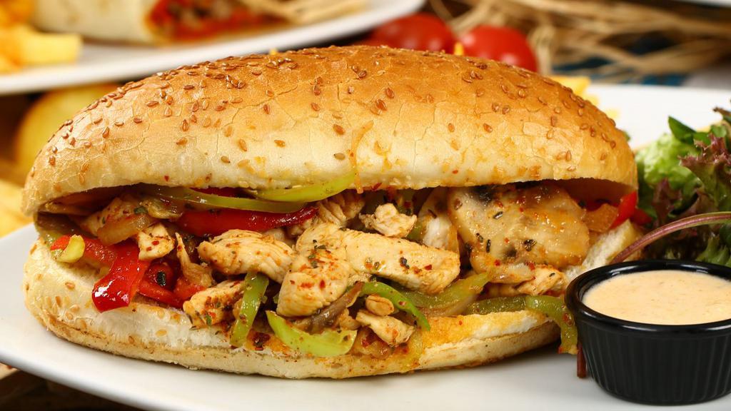 Philly Chicken Sandwich · Grilled chicken, mushrooms, onions, bell peppers, and creamy cheese stuffed in a homemade fresh roll.