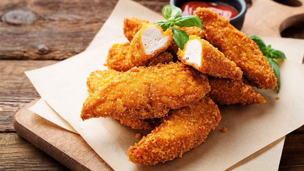 Chicken Strips · Five piece handbreaded crunchy chicken strips with our homemade fries.