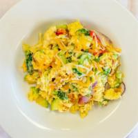 Veggie Skillet · Eggs scrambled with broccoli, cauliflower, zucchini, bell peppers, onions, potatoes, and jac...