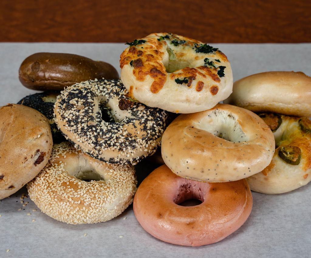 Regular Bagels · Plain, banana nut, blueberry, cinnamon crunch, cinnamon raisin, chocolate chip, combo, cranberry, egg, jalapeno, garlic, oat bran, onion (and double onion), poppy, pumpernickel, salt, sesame, sourdough, strawberry, and whole wheat

*Not Toasted
**If the selection is out,  you will receive the closest type of bagel or a plain bagel instead.