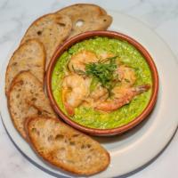 Shrimp Verde · Shrimp, parsley, cilantro, garlic, cream parmesan, crostini. Can be made (v)egan or (veg)eta...