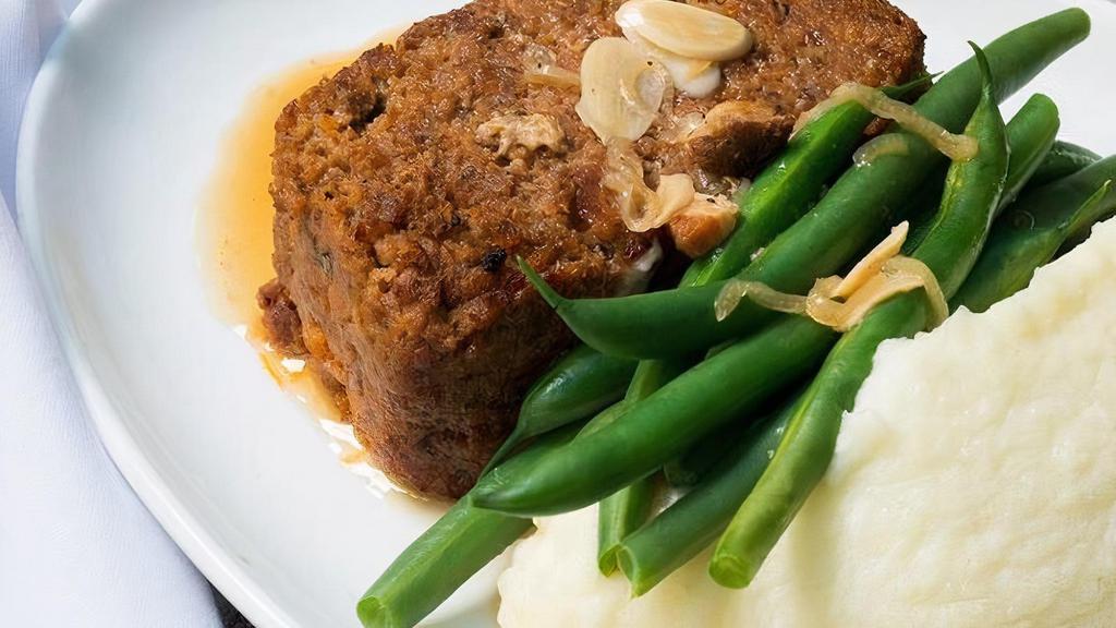 Blue Plate Meatloaf · mashed potatoes, blue lake green beans
