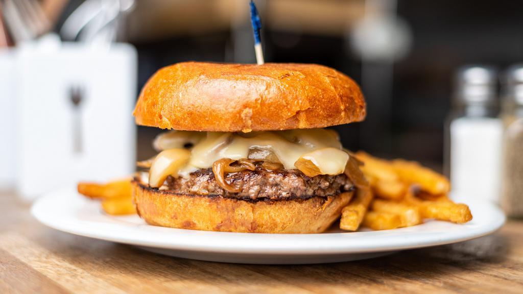 The Northerner · Pacific coast brioche bun with 7 ounce Harris ranch grass fed beef patty, swiss cheese, grilled onions, grilled mushrooms, and mayo.