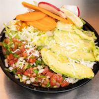 Burrito Bowl · meat choice, rice, beans, pico de gallo, lettuce, avocado, cheese, sour cream, salsa.