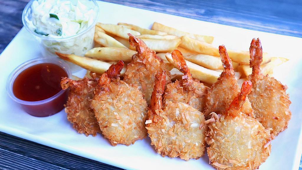 Coconut Shrimp Combo · Coconut Shrimp (8), Fries, Pineapple Jalapeno Coleslaw with our specialty Soyum sauce dip