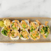 Firecracker Salmon Roll · tempura salmon, avocado, cucumber, daikon sprouts, shallots, sriracha aioli