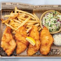 Fish & Chips 4 pcs · crispy Alaskan cod, sesame slaw, choice of fries or house side salad