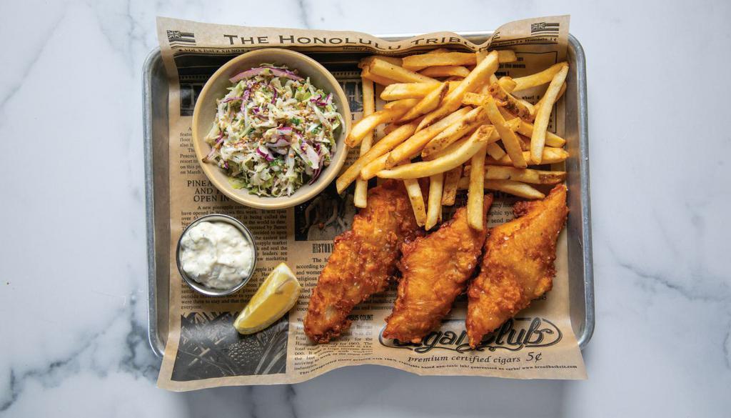 Fish & Chips 3 pcs · crispy Alaskan cod, sesame slaw, choice of fries or house side salad
