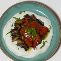 Kopoglu - Egplant with peppers tomato sauce & garlic yogurt · Fried eggplant and peppers topped with tomato sauce and garlic yogurt