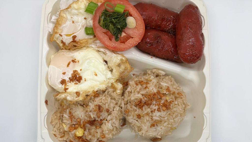 Longsilog · Longsilog is a popular Filipino breakfast meal. The name longsilog was derived from the different components of the meal which are: longsilog (cured pork), Sinangag (Filipino garlic fried rice), and Sunny-side up egg.