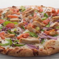 Chicken Supreme · Chicken, mushrooms, red onions, tomatoes, bell peppers, garlic, white sauce, & mozzarella ch...