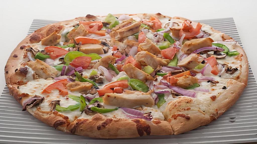 Chicken Supreme · Chicken, mushrooms, red onions, tomatoes, bell peppers, garlic, white sauce, & mozzarella cheese.