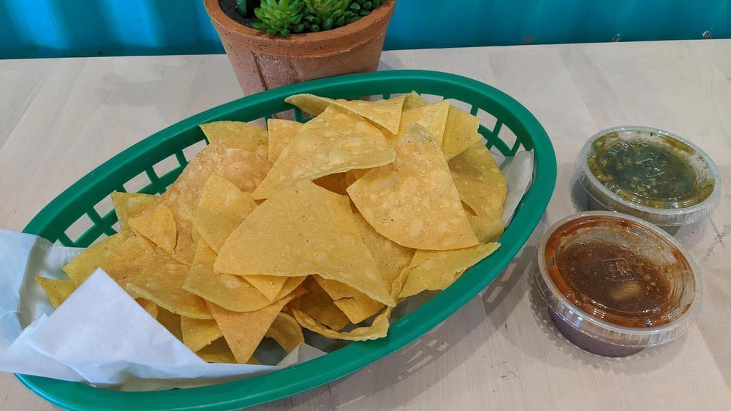 Chips And Salsa · Homemade corn tortilla chips and green medium and red spicy sauce.