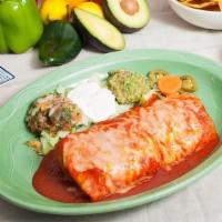 California Burrito (wet) · Wet Burrito. Shredded beef, chicken or veggies with black beans and rice. Topped with red mi...