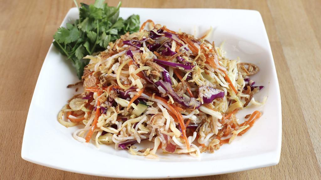 Rice Noodle Salad  · Nan gyi thok. Vegan. Rice noodle, shredded cabbage, onion and fresh lime.