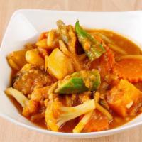 Mixed Vegetables Curry · Thee sone hin. Vegan. Pumpkin, radish, eggplant, carrot, potatoes, bamboo shoot, okra.