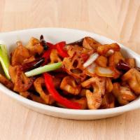 Spicy Lotus Roots · Stir-fried lotus roots, bell pepper, onion in chilli oil