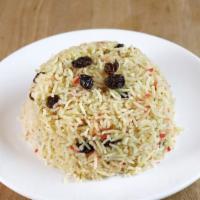 Biryani Rice · Basmati rice cooked with saffron spices and raisins.