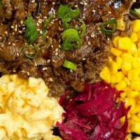 Beef Teriyaki Bowl · Teriyaki Beef over your choice of base. Comes with our house mac salad, purple pickled cabba...