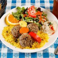 Lebanese Beef Kibbeh Plate · Three lean ground beef and cracked wheat meatballs, Marin Sun Farms pasture-raised spiced gr...