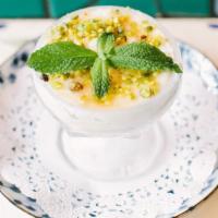 Muhalabiye · Traditional Middle-Eastern pistachio & rosewater pudding. (gf)
