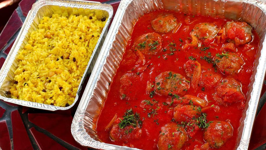 Catering Dozen Lamb Lule with Quart of Rice · Dozen Lean ground lamb meatballs, in a tomato-herb sauce, served with a quart of rice pilaf.  Gluten-free, Nut-free, Dairy-free.