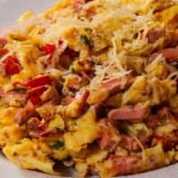 The Sausage & Cheese Scrambled Eggs · Sizzling fresh sausage, eggs and cheese scrambled eggs. Served with side of hash browns, hou...