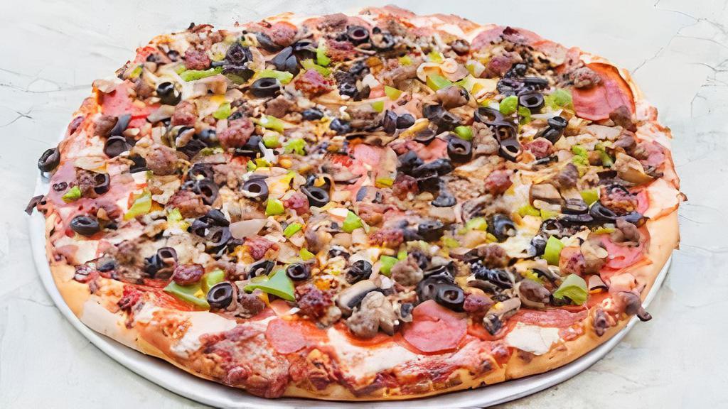 Small Combo · Red sauce, Canadian bacon, salami, pepperoni, mushroom, onion, green bell pepper, black olive, Italian sausage, linguiça, & beef
