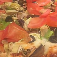 Medium The Veggie · Red Sauce, Mushrooms, Onions, Green Bell Peppers, Black Olives, Artichoke Hearts and Fresh T...