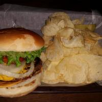 Cheeseburger · 1/3 lb. beef patty w/American cheese, lettuce, tomato, onion, mayo, mustard, & relish, on a ...