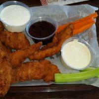 Chicken Strips (6) · Six Strips served with celery and carrots plus one dipping sauce.